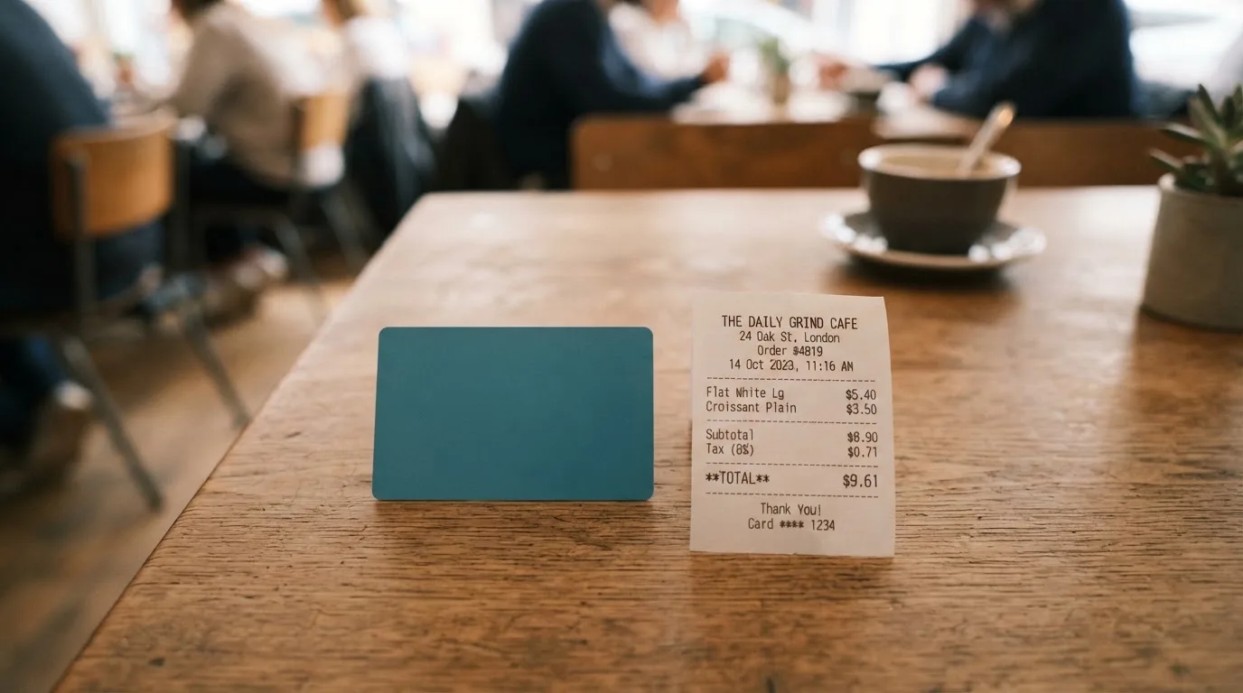 A receipt and a card on a café table