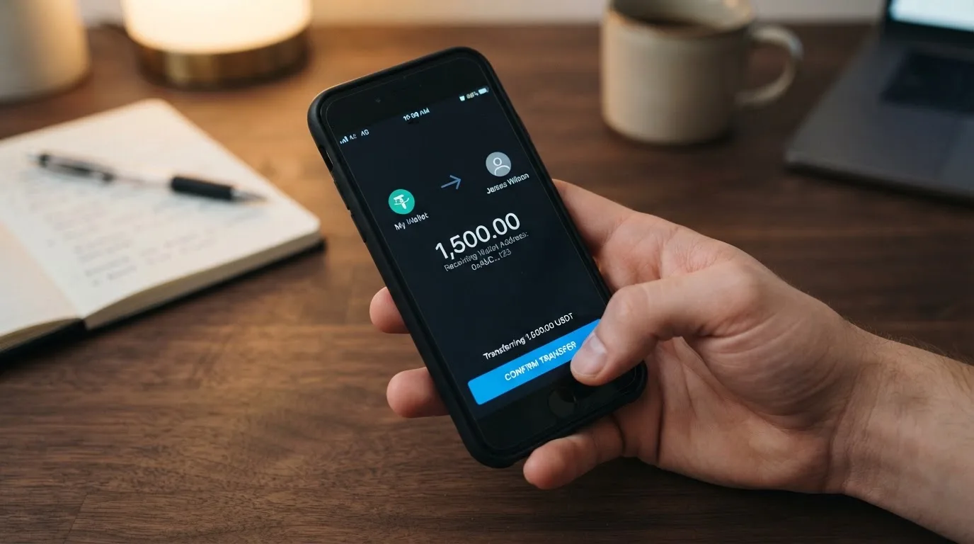 A phone showing a stablecoin transfer screen