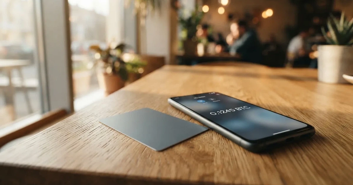 A payment card next to a phone with a crypto wallet app open