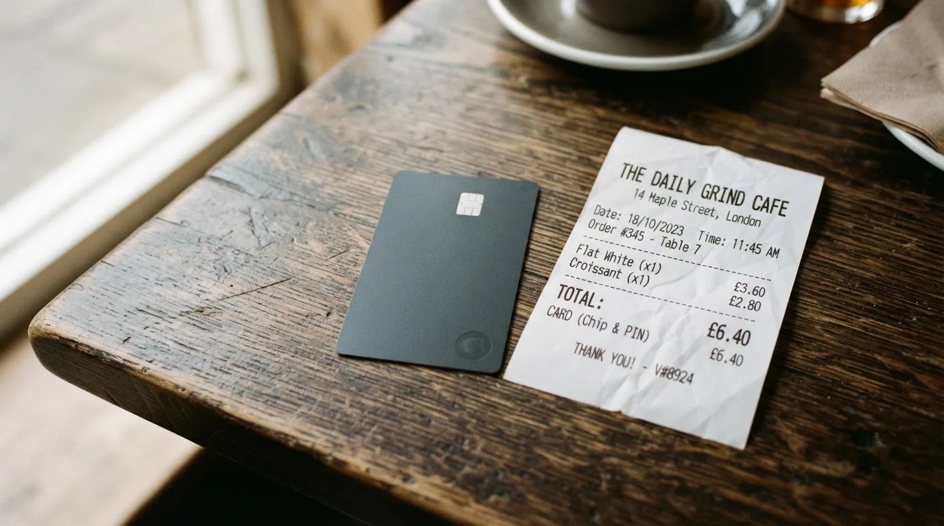 A receipt and a card on a café table