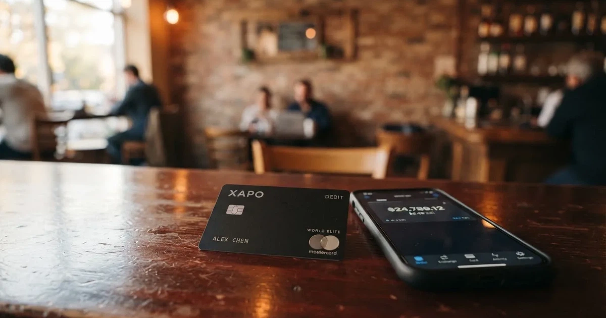 A payment card next to a phone with a crypto wallet app open
