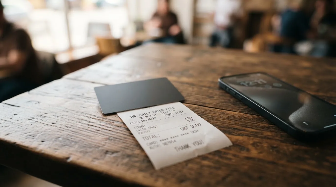 A receipt and a card on a café table