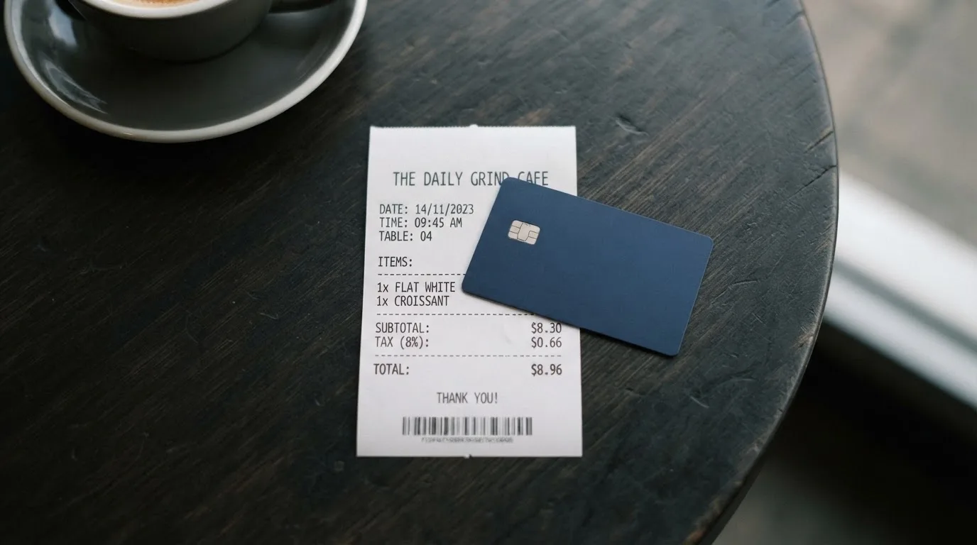 A receipt and a card on a café table