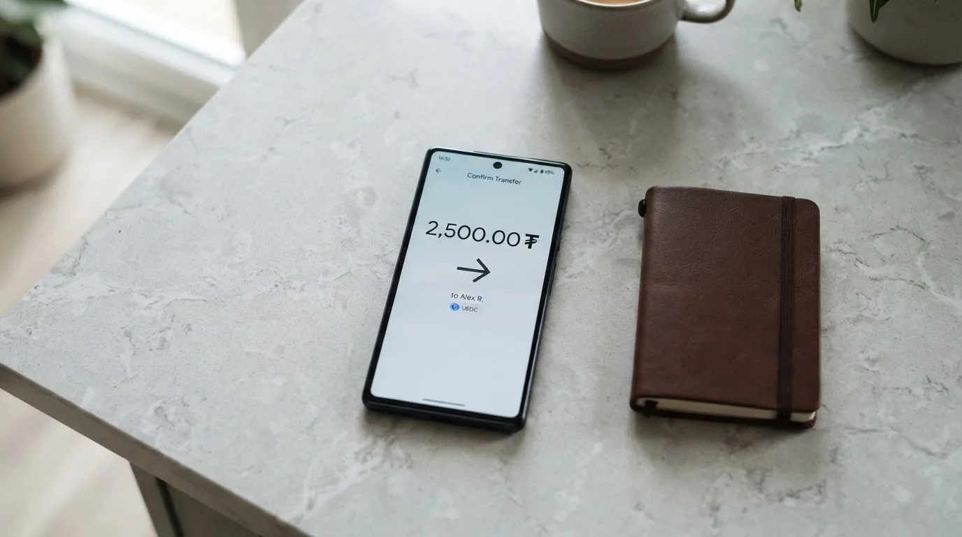 A phone showing a stablecoin transfer screen