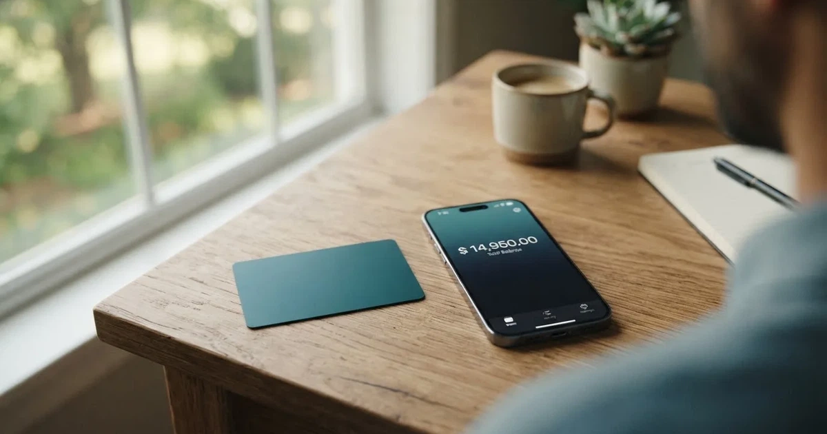 A payment card next to a phone with a crypto wallet app open
