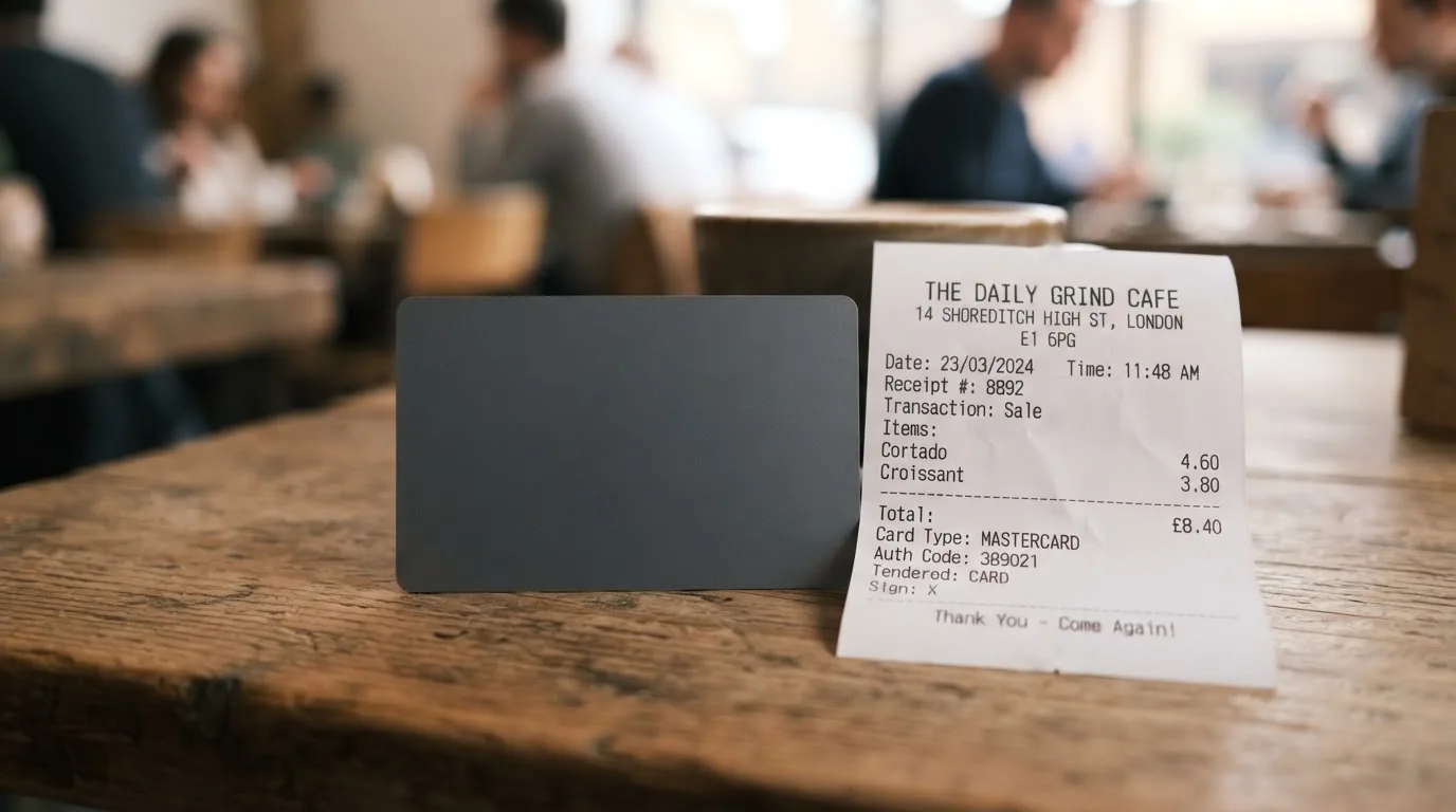 A receipt and a card on a café table