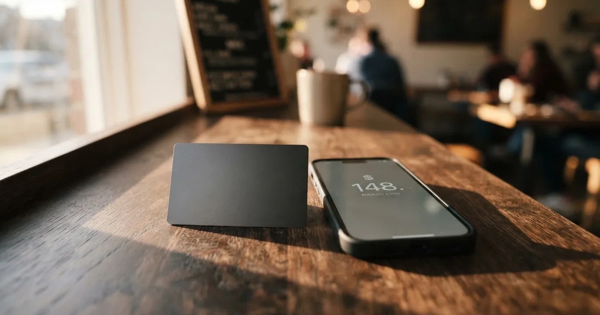 A payment card next to a phone with a crypto wallet app open
