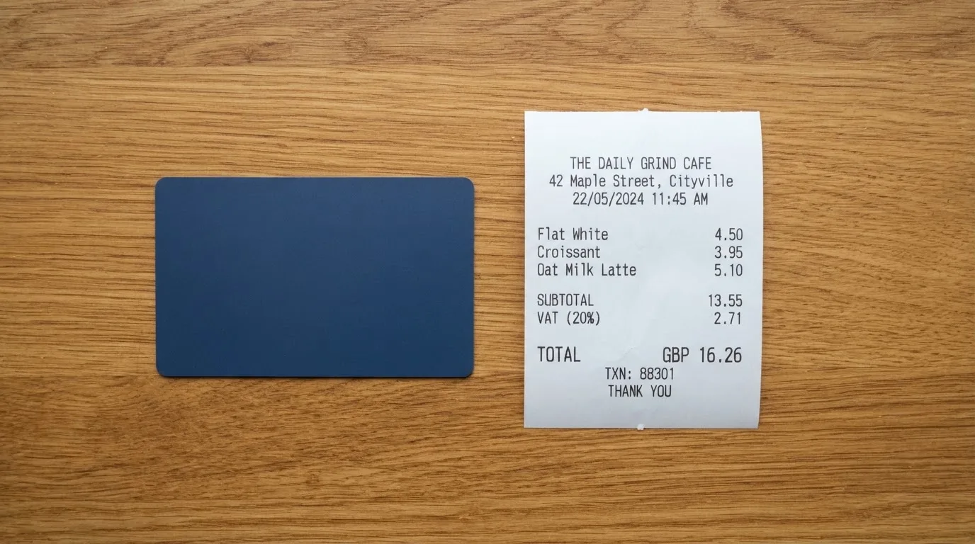 A receipt and a card on a café table