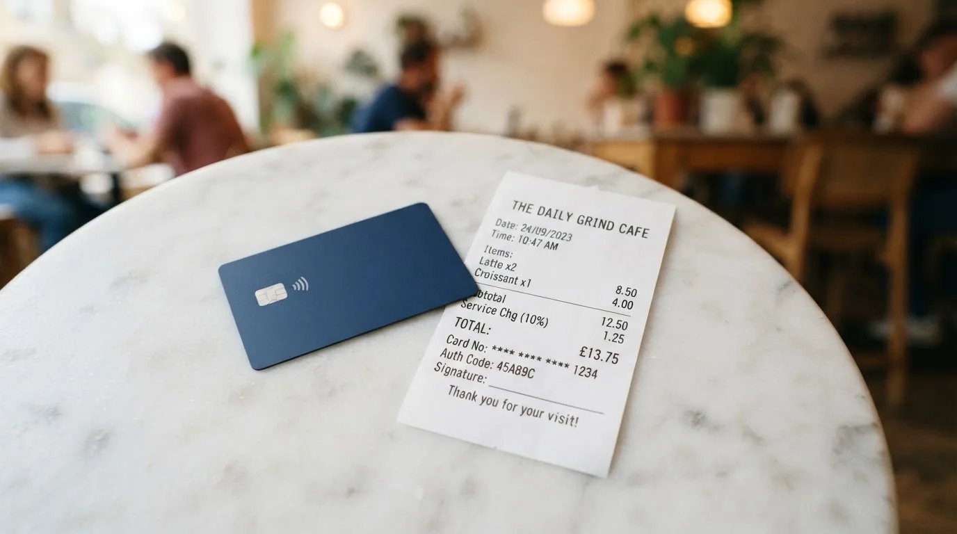 A receipt and a card on a café table