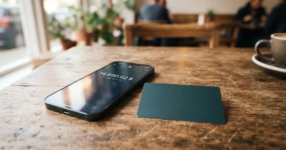 A payment card next to a phone with a crypto wallet app open