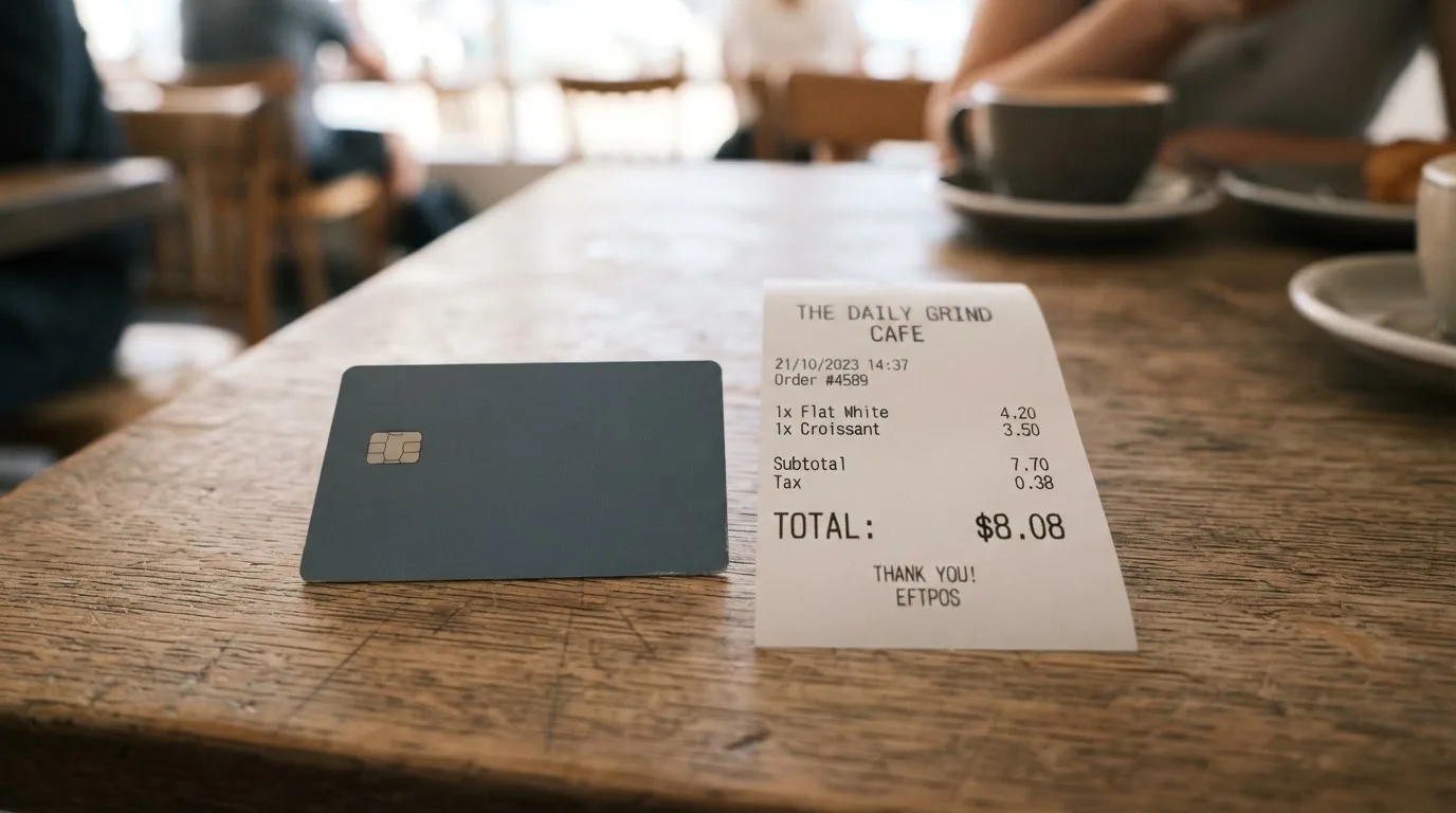 A receipt and a card on a café table