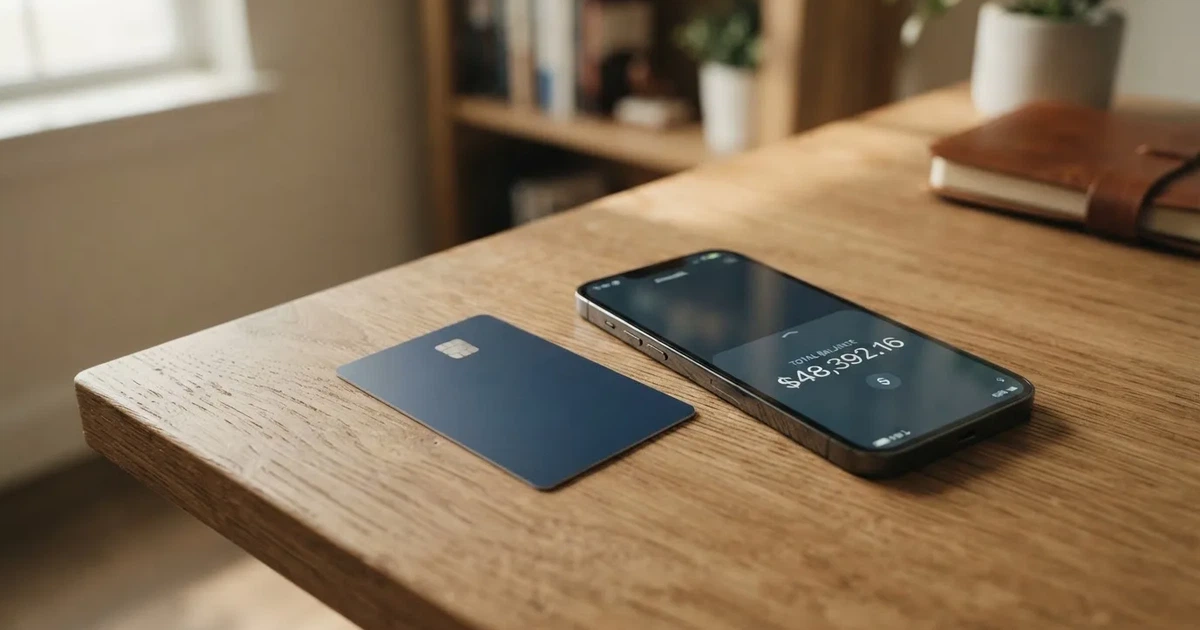 A payment card next to a phone with a crypto wallet app open