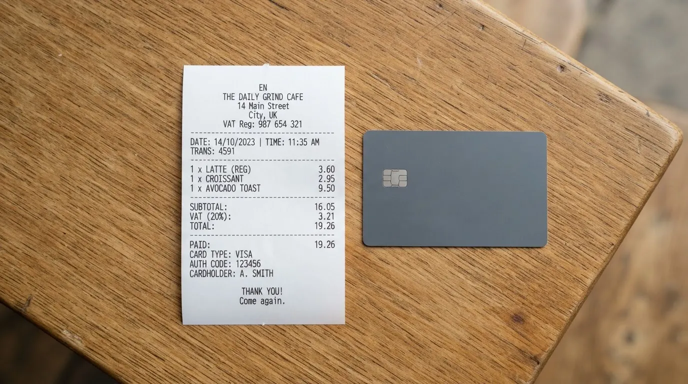 A receipt and a card on a café table